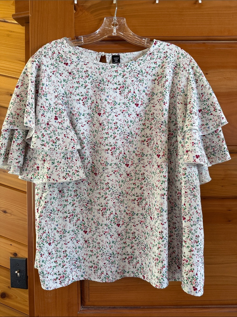 SHEIN Floral Print Curvy Blouse in Cream with Red & Green Accents